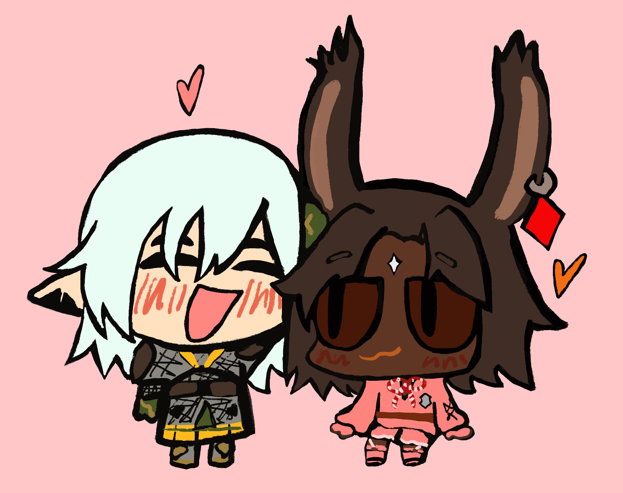a chibi drawing of meade and haurchefant. he's patting her on the head.